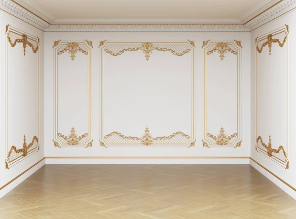 Klasik iç boş oda. Pervaz ve ornated korniş duvarları. Zemin parke balıksırtı. Dijital Illustration.3d işleme