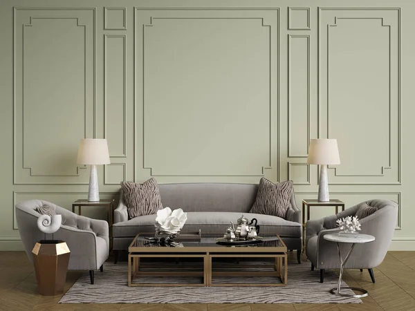 Klassisches Interieur Sofa Stühle Beistelltische Mit Lampen Tisch Mit Dekor — Stockfoto