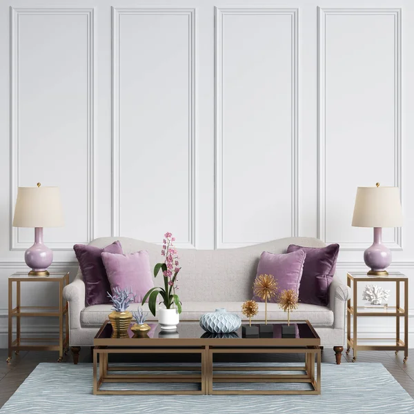 Klasik iç pastel renklerde. Kanepe, sandalye, Masa dekorasyonu ile sidetables lambaları. Kilim desenli. Kalıplar ile duvarlar... Mockup, kopya alanı. Dijital ilustration.3d işleme 