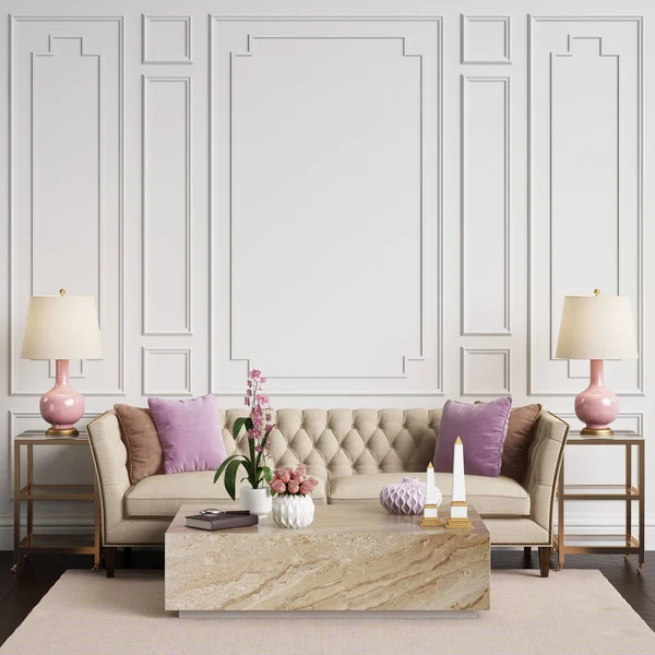 Classic Interior Pastel Colors Sofa Chairs Sidetables Lamps Table Decor — Stock Photo, Image
