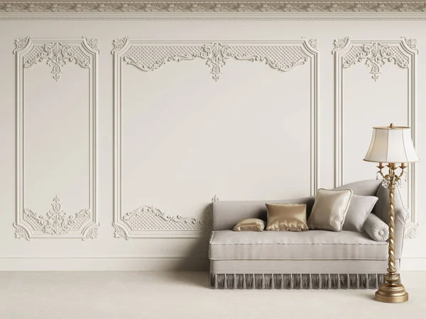 コピー スペースを持つ古典的なインテリアにクラシックな家具 Ornated コーニスのモールディングと白い壁 デジタル Illustration レンダリング — ストック写真
