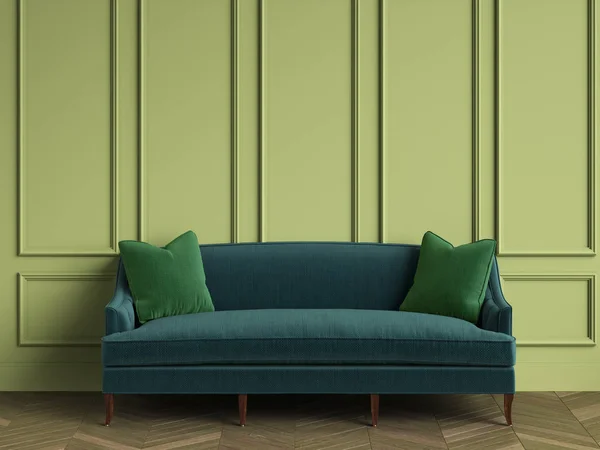 Sofá Verde Esmeralda Con Almohadas Verdes Interior Clásico Con Espacio — Foto de Stock