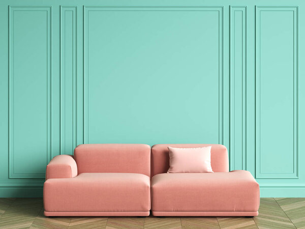 Pink sofa in classic interior with copy space.Turquoise color walls with mouldings. Floor parquet herringbone.Digital Illustration.3d rendering