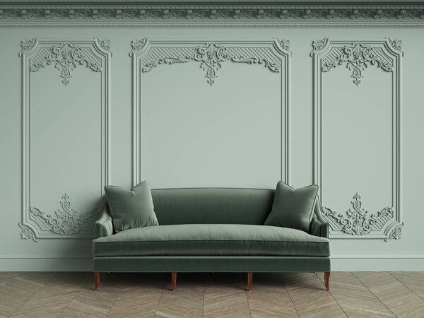 Green sofa  in classic vintage interior with copy space.Pale olive walls with moldings and decorated cornice. Floor parquet herringbone.Digital Illustration.3d rendering