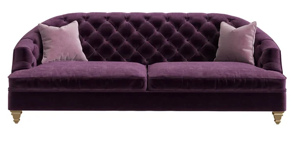 Klassisk tuftade soffa lila färg med 2 rosa kuddar isolerad på — Stockfoto