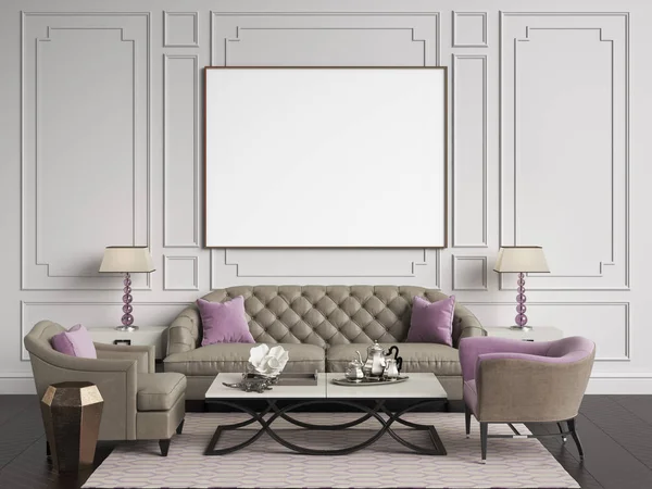 Klassieke interieur in beige en roze kleuren. Bank, stoelen, sidetables — Stockfoto
