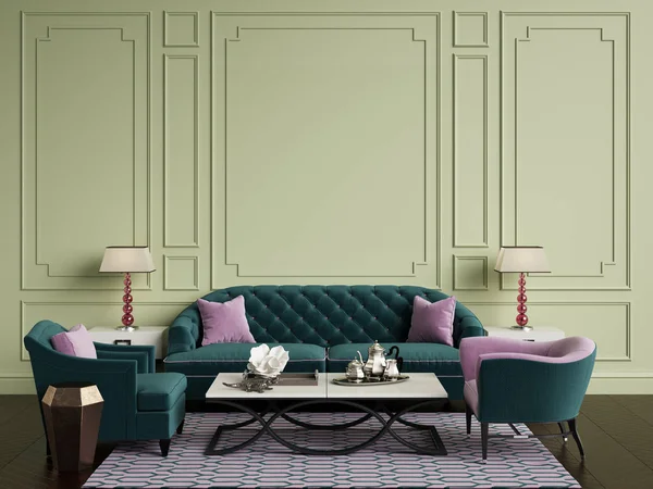 Intérieur classique dans les couleurs vert et rose.Sofa, chaises, sidetables — Photo