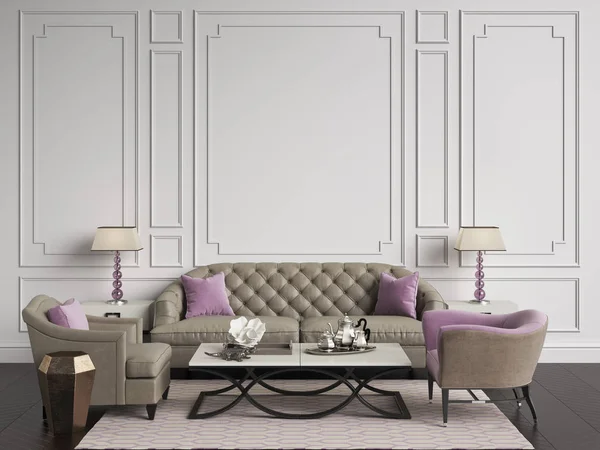 Intérieur classique aux couleurs beige et rose.Sofa, chaises, sidetables — Photo