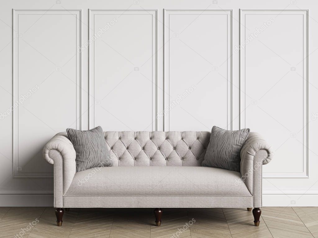 Classic tufted sofa  in classic interior with copy space.White walls with mouldings. Floor parquet herringbone.Digital Illustration.3d rendering