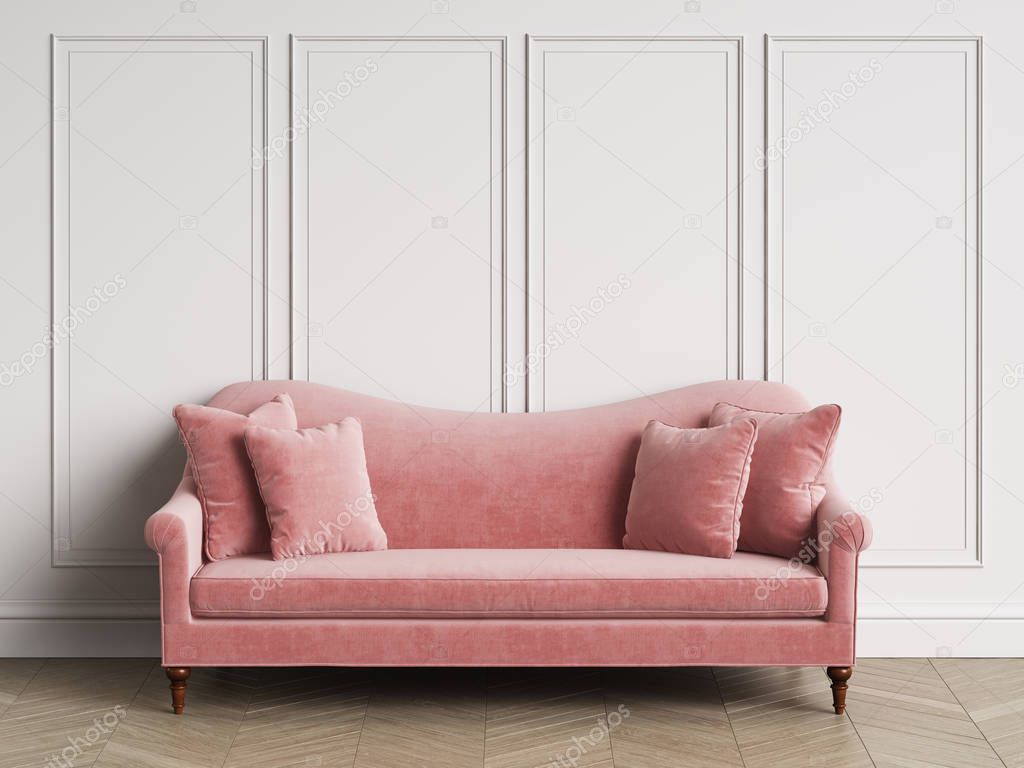 Classic sofa  in classic interior with copy space.White walls with mouldings. Floor parquet herringbone.Digital Illustration.3d rendering