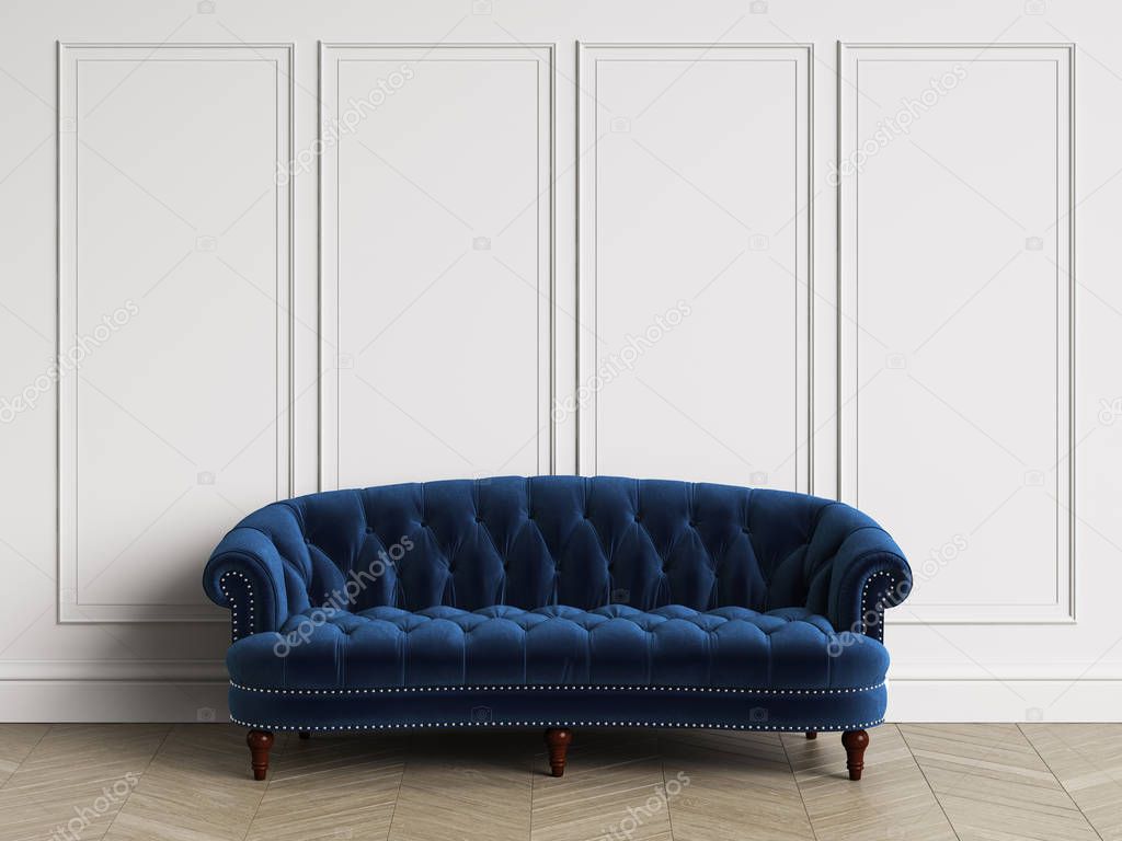 Classic tufted sofa  in classic interior with copy space.White walls with mouldings. Floor parquet herringbone.Digital Illustration.3d rendering
