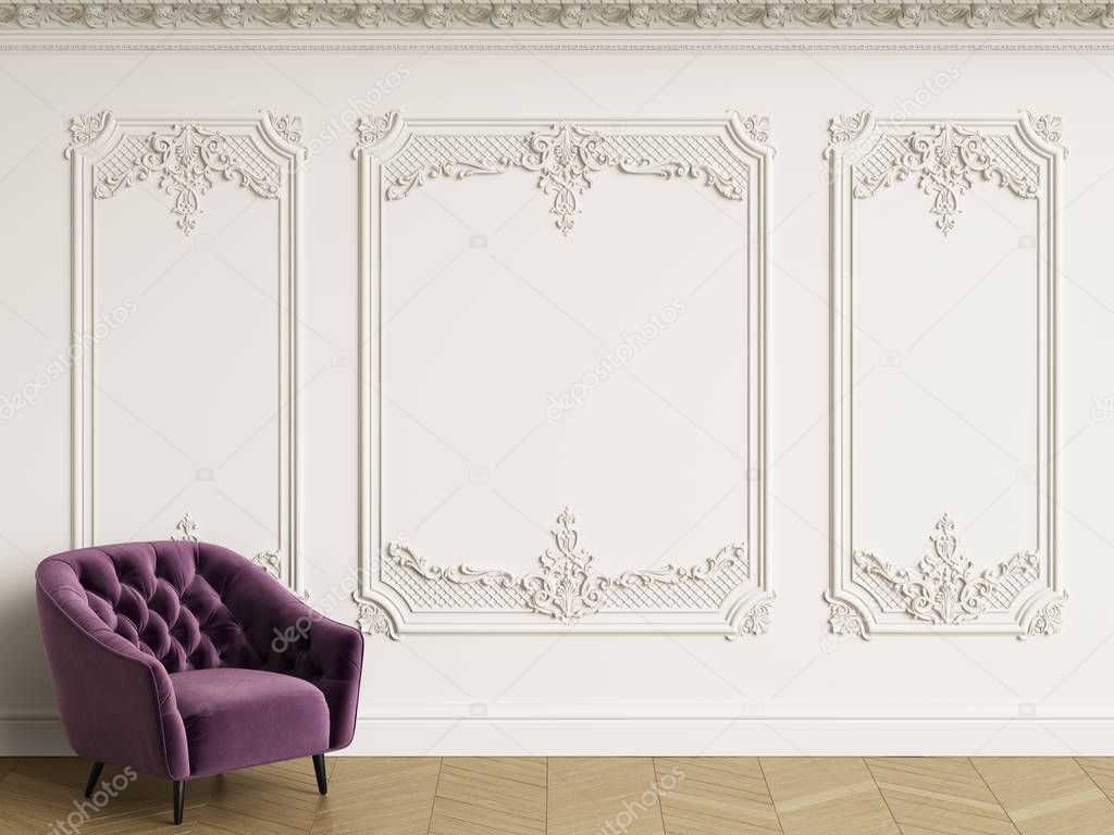 Classic armchair  in classic interior with copy space.White walls with mouldings. Floor parquet herringbone.Digital Illustration.3d rendering