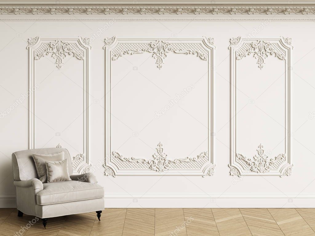 Classic armchair  in classic interior with copy space.White walls with mouldings. Floor parquet herringbone.Digital Illustration.3d rendering