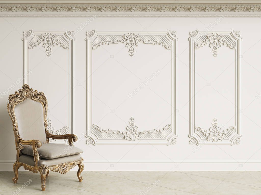 Classic baroque armchair in classic interior. Walls wth moldings and decorated cornice.Marble floor.Digital illustration.3d rendering