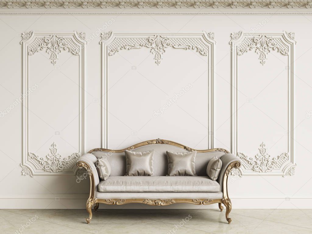 Classic baroque sofa in classic interior. Walls wth moldings and decorated cornice.Marble floor.Digital illustration.3d rendering