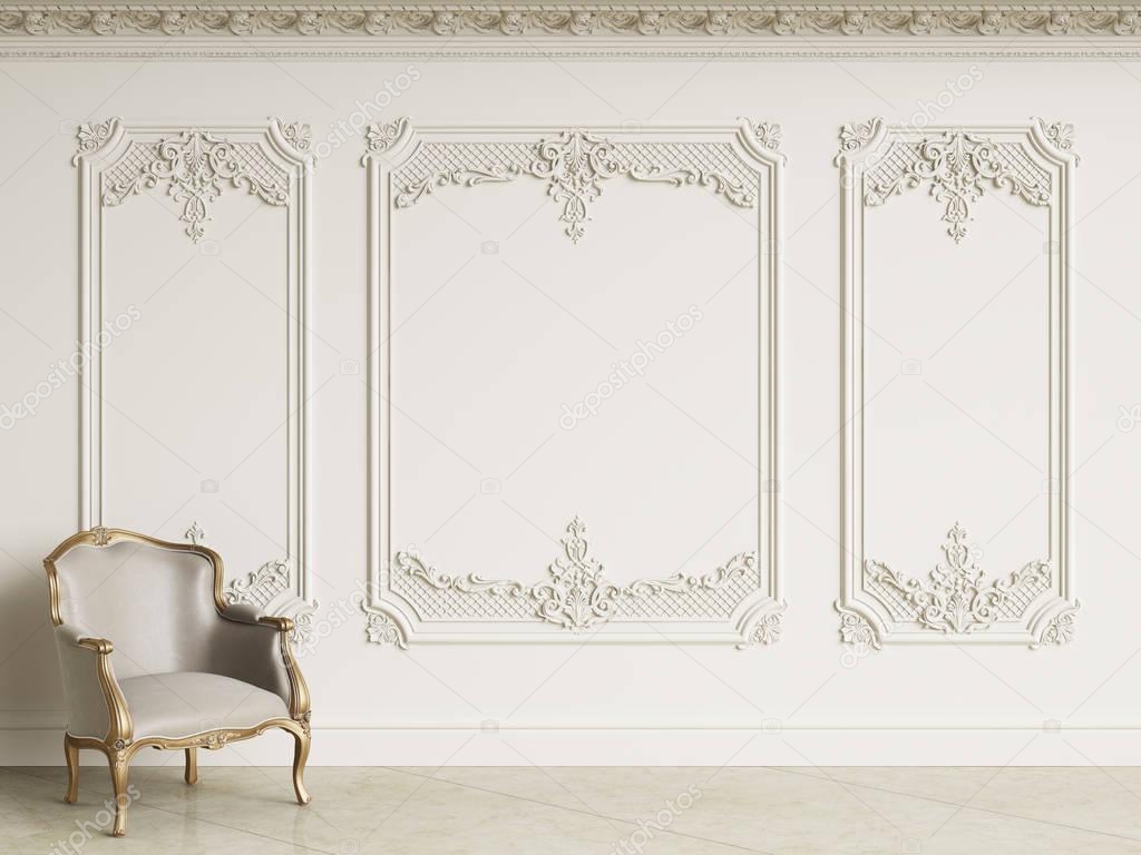 Classic baroque armchair in classic interior. Walls wth moldings and decorated cornice.Marble floor.Digital illustration.3d rendering