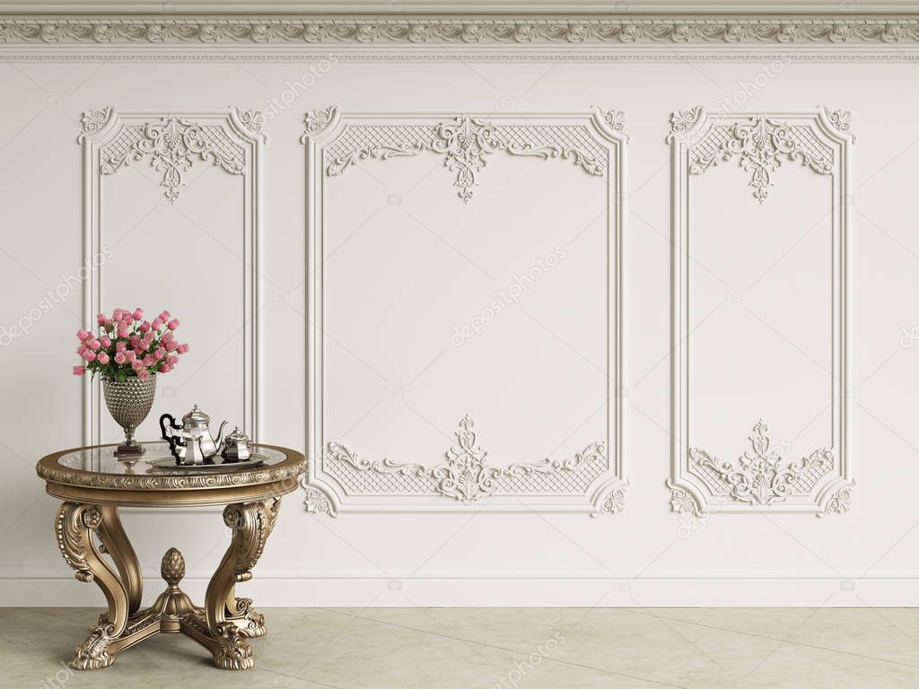 Classic baroque table with coffee set and bouquet of roses in classic interior. Walls wth moldings and decorated cornice.Marble floor.Digital illustration.3d rendering