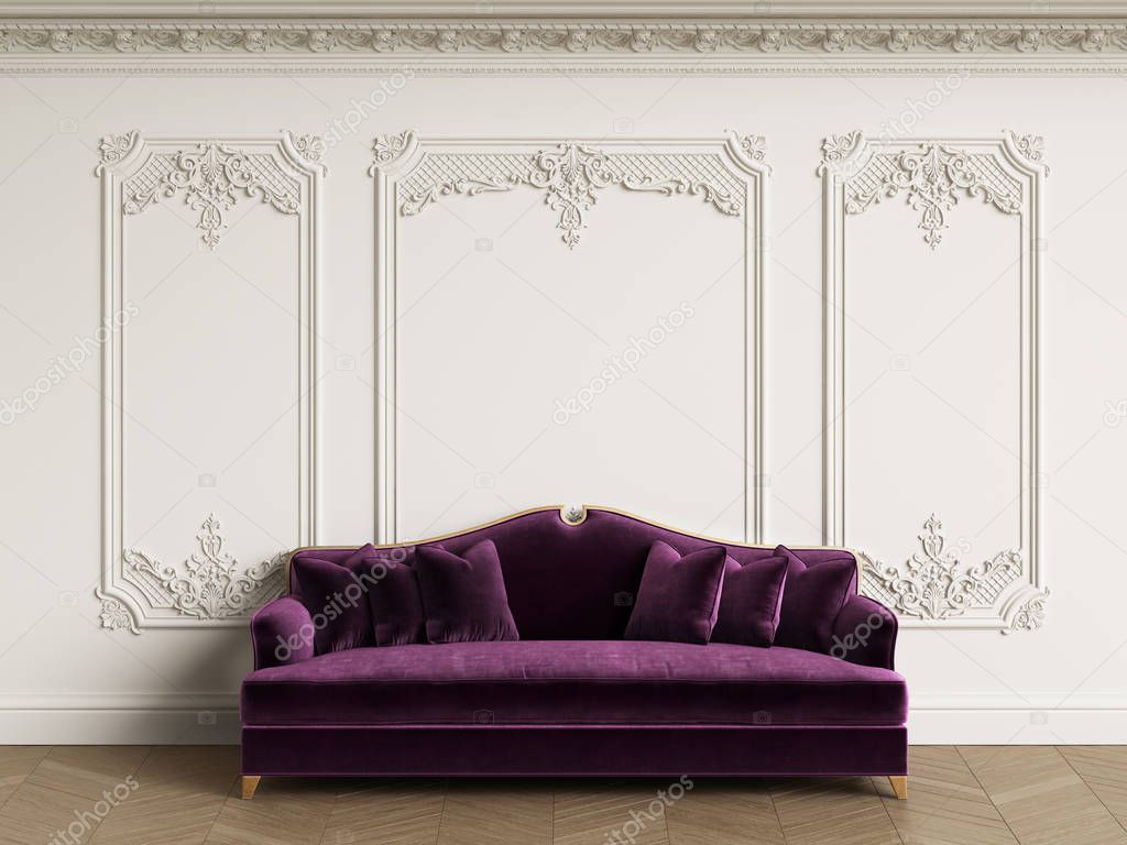 Classic sofa in classic interior with copy space.White walls with mouldings and ornated cornice. Floor parquet herringbone.Digital Illustration.3d rendering