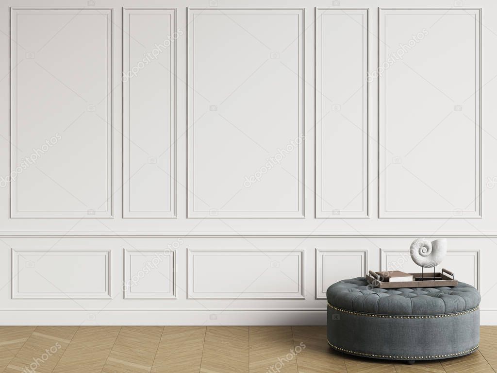 Classic ottoman with  decor in classic interior with copy space.White walls with mouldings. Floor parquet herringbone.Digital Illustration.3d rendering
