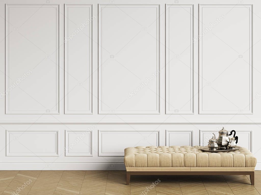 Classic bench with  coffee silver set in classic interior with copy space.White walls with mouldings. Floor parquet herringbone.Digital Illustration.3d rendering