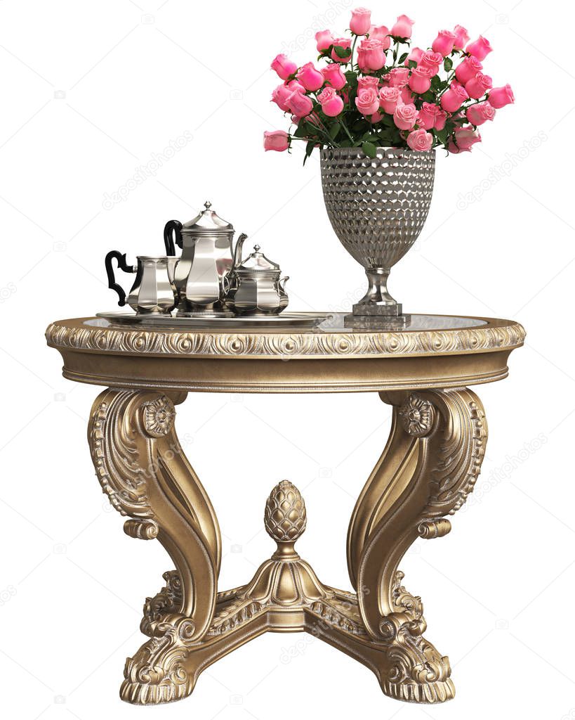 Classic baroque carved table with bouquet of roses and coffee silver set isolated on white background.Digital illustration.3d rendering