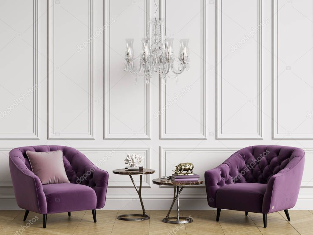 Classic interior with tufted armchairs and crystal chandelier.White walls with mouldings,floor parquet hirringbone.Copy space.Digital illustration.3d rendering