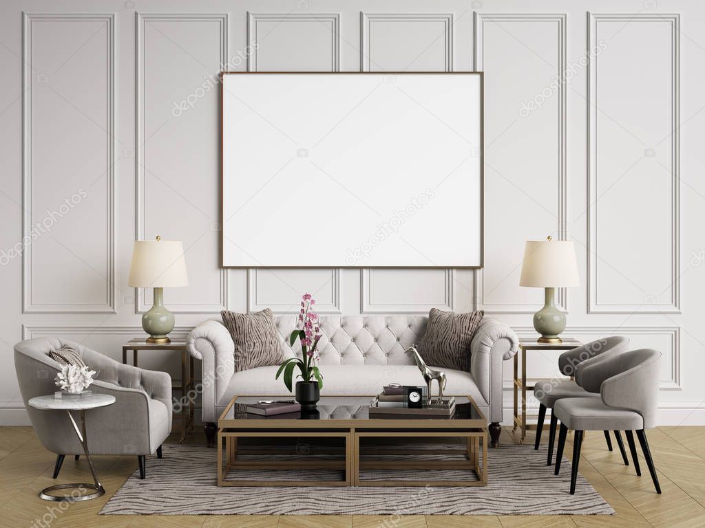 Classic interior.Sofa,chairs,sidetables with lamps,table with decor.White walls with mouldings. Floor parquet herringbone,rug with pattern.Mockup,copy space.Digital ilustration.3d rendering 