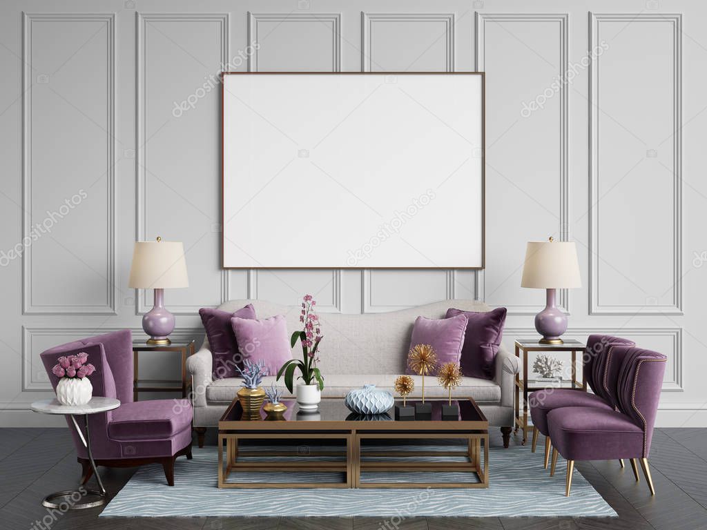 Classic interior.Sofa,chairs,sidetables with lamps,table with decor.White walls with mouldings. Floor parquet herringbone,rug with pattern.Mockup,copy space.Digital ilustration.3d rendering 