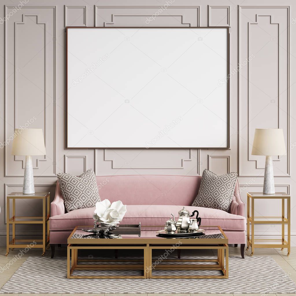 Classic interior in pastel colors. Sofa,chairs,sidetables with lamps,table with decor.White walls with mouldings. Floor parquet herringbone,rug with pattern.Mockup,copy space.Digital ilustration.3d rendering 