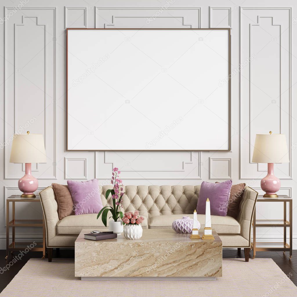 Classic interior in pastel colors. Sofa,chairs,sidetables with lamps,table with decor.Rug with pattern.Walls with mouldings..Mockup,copy space.Digital ilustration.3d rendering 