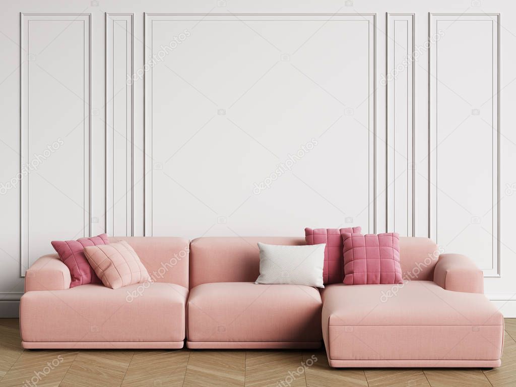 Modern Scandinavian Design sofa in interior. Walls with moldings,floor parquet herringbone.Copy space,mockup interior.Digital illustration.3d rendering