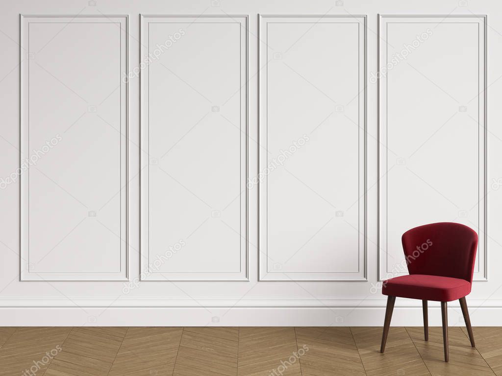 Chair in classic interior with copy space.White walls with mouldings. Floor parquet herringbone.Digital Illustration.3d rendering