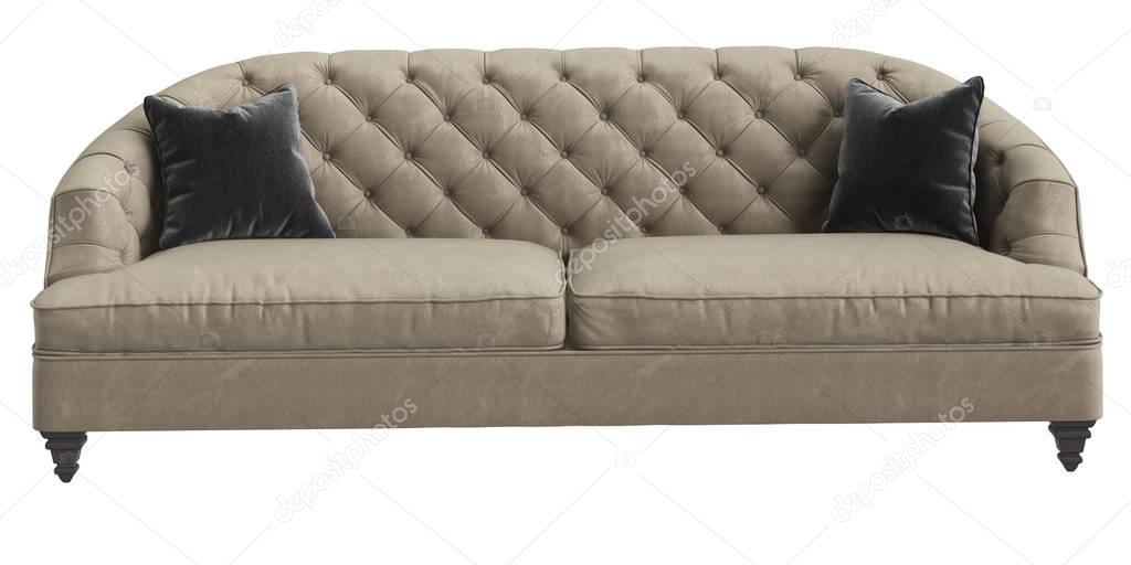 Classic tufted sofa ivory color with 2 grey pillows isolated on 