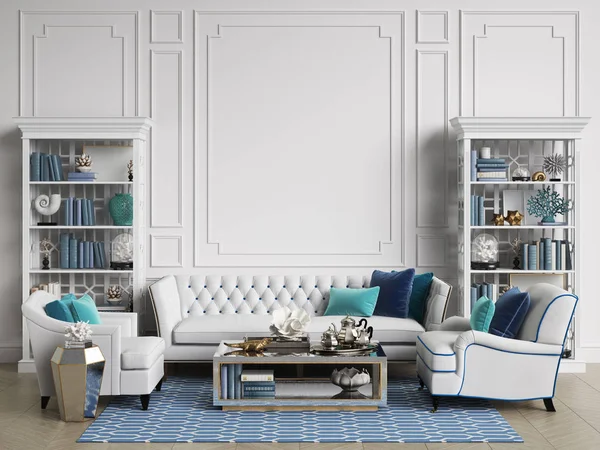 Camera interna classica nei colori blu e bianco con spazio copia — Foto Stock