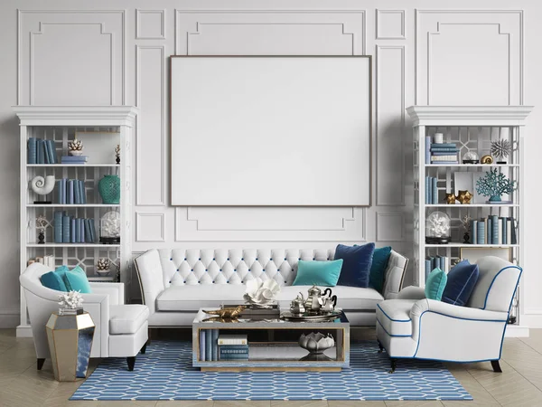 Klassisk inredning rum i blå och vita färger med kopia utrymme — Stockfoto