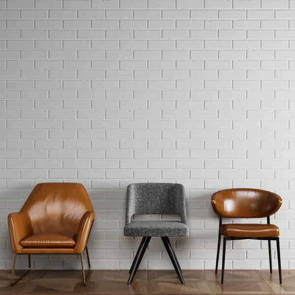 3 sillas diferentes en estilo moderno de pie delante de br blanco —  Fotos de Stock