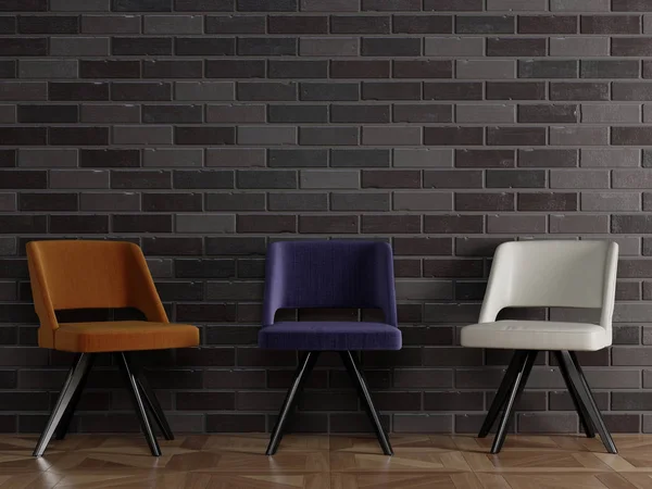 3 different chairs in modern style standing in front of black br — Stock Photo, Image