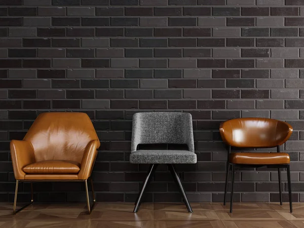 3 sillas diferentes en estilo moderno de pie delante de br negro —  Fotos de Stock