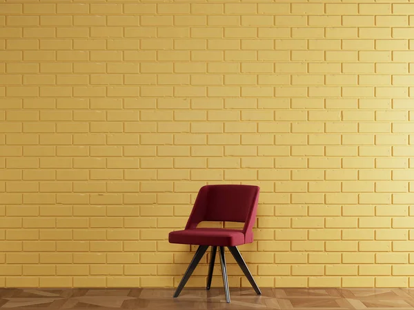 Κόκκινη καρέκλα σε μοντέρνο στυλ που στέκεται μπροστά από τον κίτρινο τοίχο από τούβλα — Φωτογραφία Αρχείου
