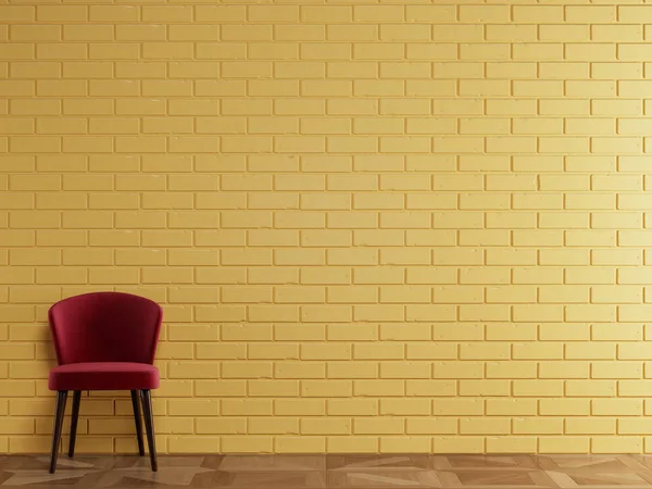 Κόκκινη καρέκλα σε μοντέρνο στυλ που στέκεται μπροστά από τον κίτρινο τοίχο από τούβλα — Φωτογραφία Αρχείου