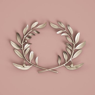 Pastel pembe arka planda gümüş zeytin dalı heykeli. 3d ren