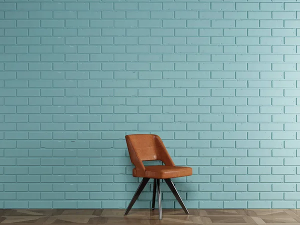 Καρέκλα πορτοκαλί δερμάτινη σε μοντέρνο στυλ που στέκεται μπροστά από μπλε β — Φωτογραφία Αρχείου