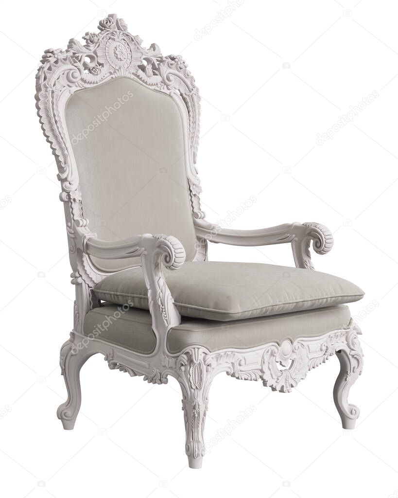 Classic baroque armchair in ivory color isolated on white background.Digital Illustration.3d rendering