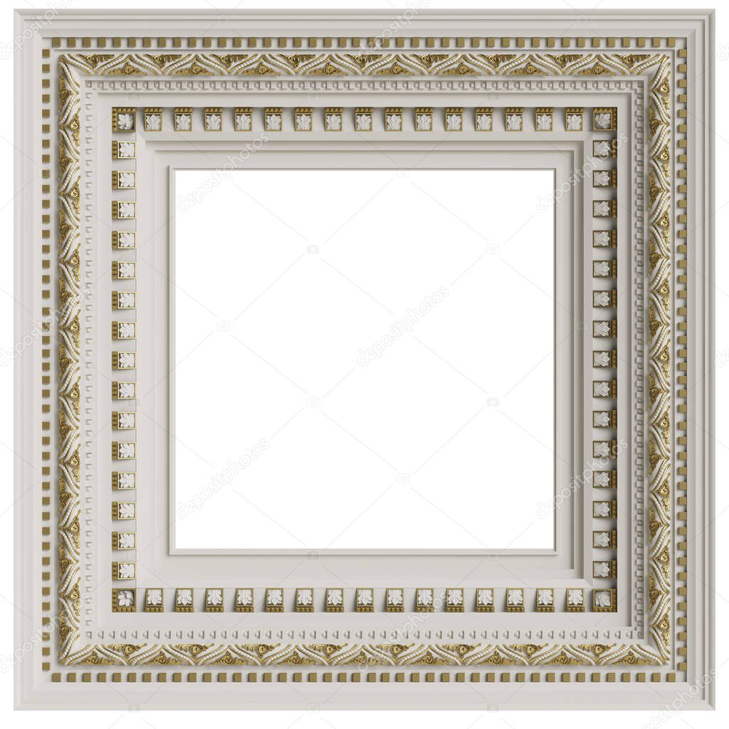 Classic ceiling caisson.White plaster decoration with golden ornament.Digital illustration.3d rendering