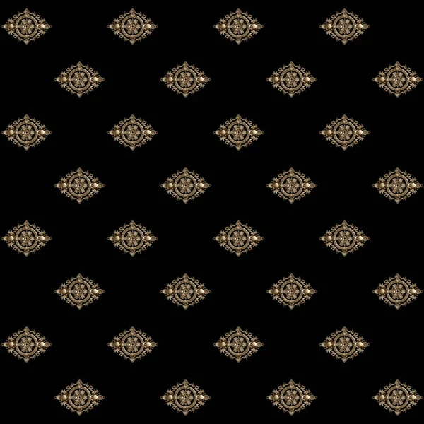 Classic golden round ornament pattern on black background. Digital illustration. 3d rendering