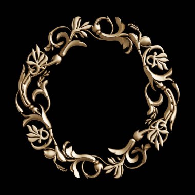 Siyah arka planda süslemeleri olan klasik altın çerçeve. Dijital çizim. 3d oluşturma