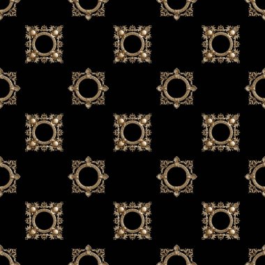 Siyah arka planda klasik altın sarısı süs deseni. Dijital çizim. 3d oluşturma