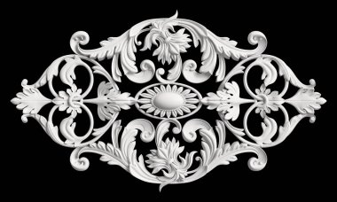 Siyah zemin üzerinde süs dekoru olan klasik beyaz çerçeve. Dijital çizim. 3d oluşturma