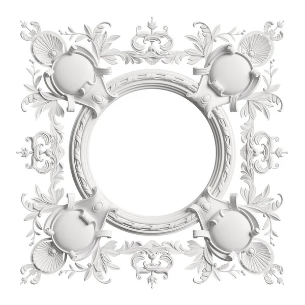 Moldura Branca Clássica Com Decoração Ornamento Isolado Fundo Branco Ilustração — Fotografia de Stock