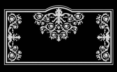 Siyah zemin üzerinde süs dekoru olan klasik beyaz çerçeve. Dijital çizim. 3d oluşturma